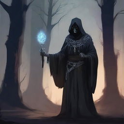 A detailed illustration of a human necromancer, dressed in dark, tattered robes, wearing a silver chain around their neck, and wielding a staff with a glowing crystal