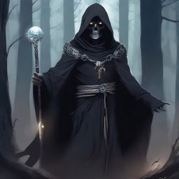 A detailed illustration of a human necromancer, dressed in dark, tattered robes, wielding a silver whip and a staff with a glowing crystal