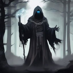 A detailed illustration of a human necromancer, dressed in dark, tattered robes, wielding a silver whip and a staff with a glowing crystal