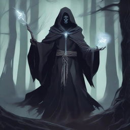 A detailed illustration of a human necromancer, dressed in dark, tattered robes, wielding a silver whip and a staff with a glowing crystal