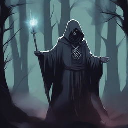 A detailed illustration of a human necromancer, dressed in dark, tattered robes, wielding a silver whip and a staff with a glowing crystal