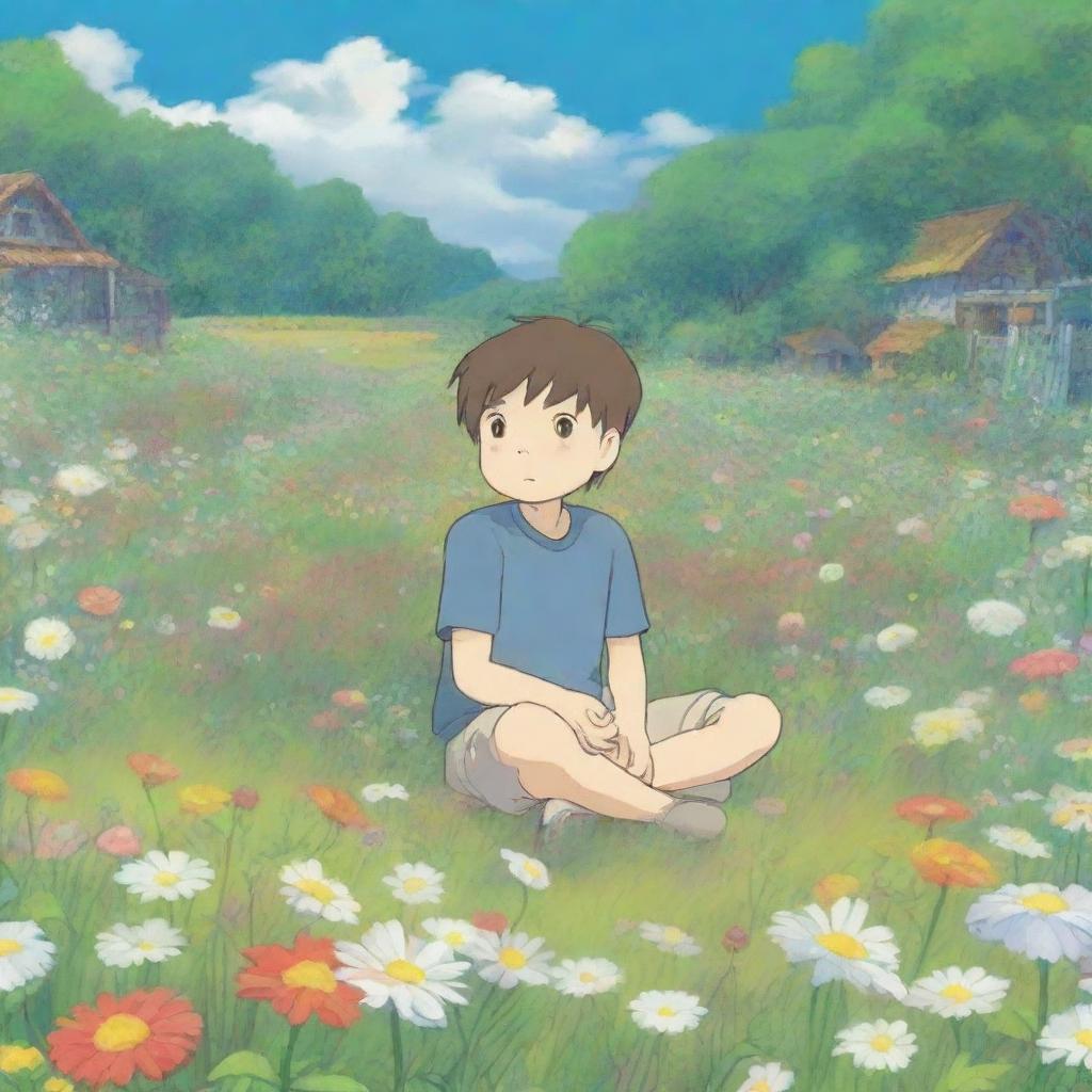 A boy sitting in the middle of a field, surrounded by flowers everywhere