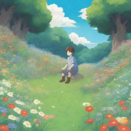 A boy sitting in the middle of a field, surrounded by flowers everywhere