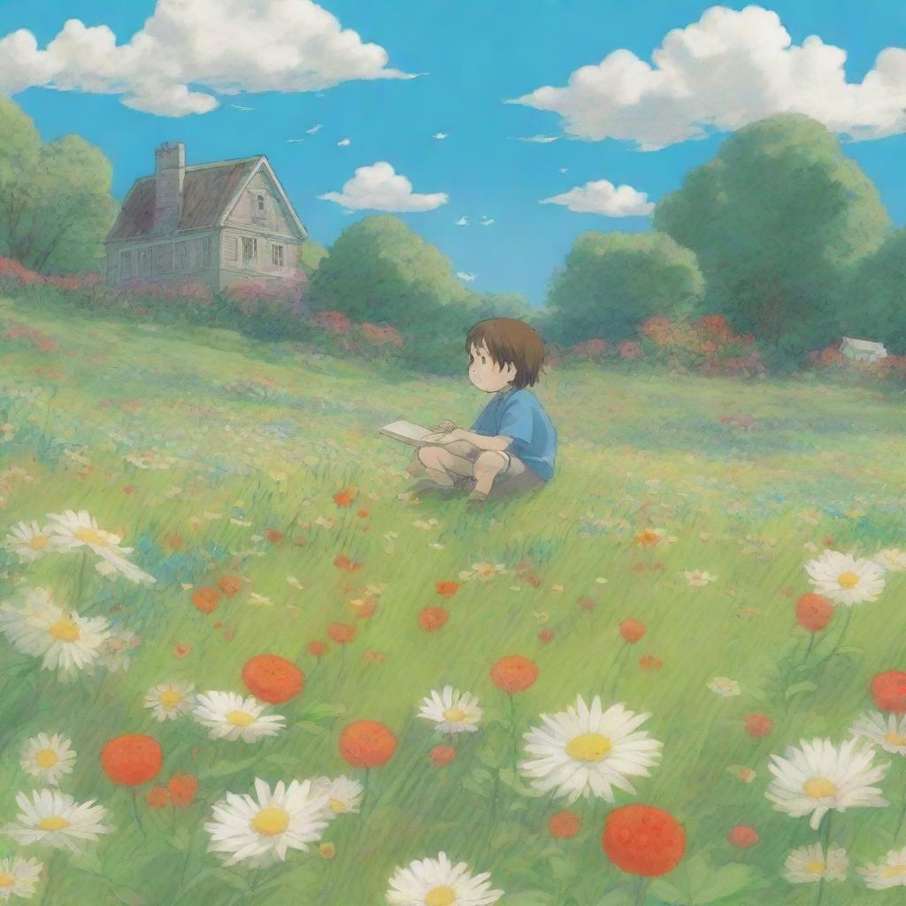 A boy sitting in the middle of a field, surrounded by flowers everywhere