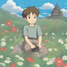 A boy sitting in the middle of a field, surrounded by flowers everywhere