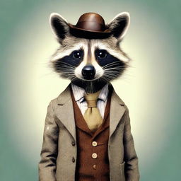 A humanoid raccoon wearing an old and tattered outfit, complete with a monocle