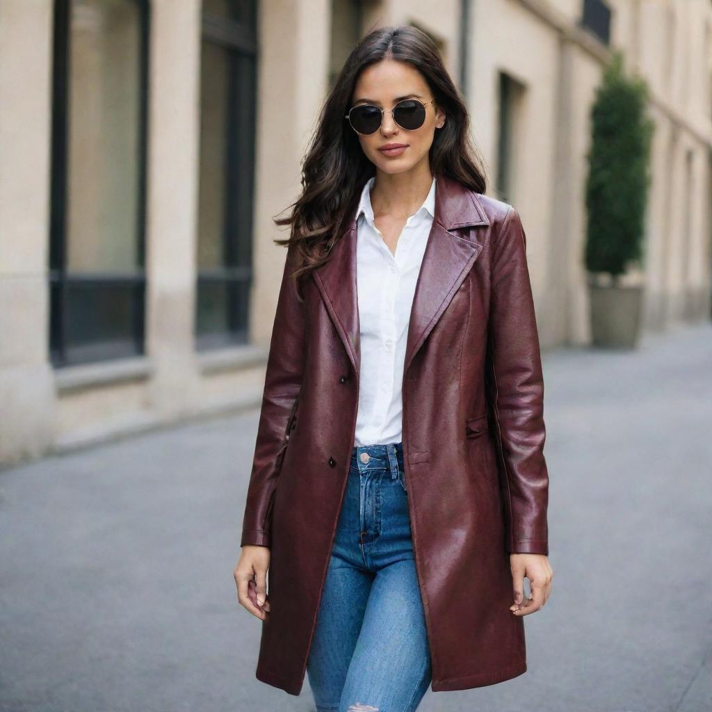 A trendy woman wearing a fashionable long, button-down coat style maroon leather jacket.