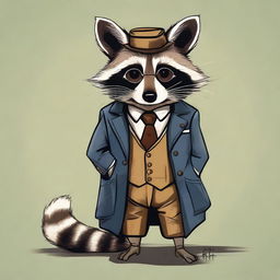 A humanoid raccoon wearing an old and tattered outfit, complete with a monocle