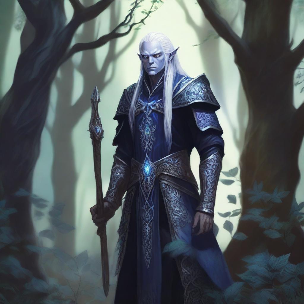 A detailed illustration of a dark elf standing in an enchanted forest