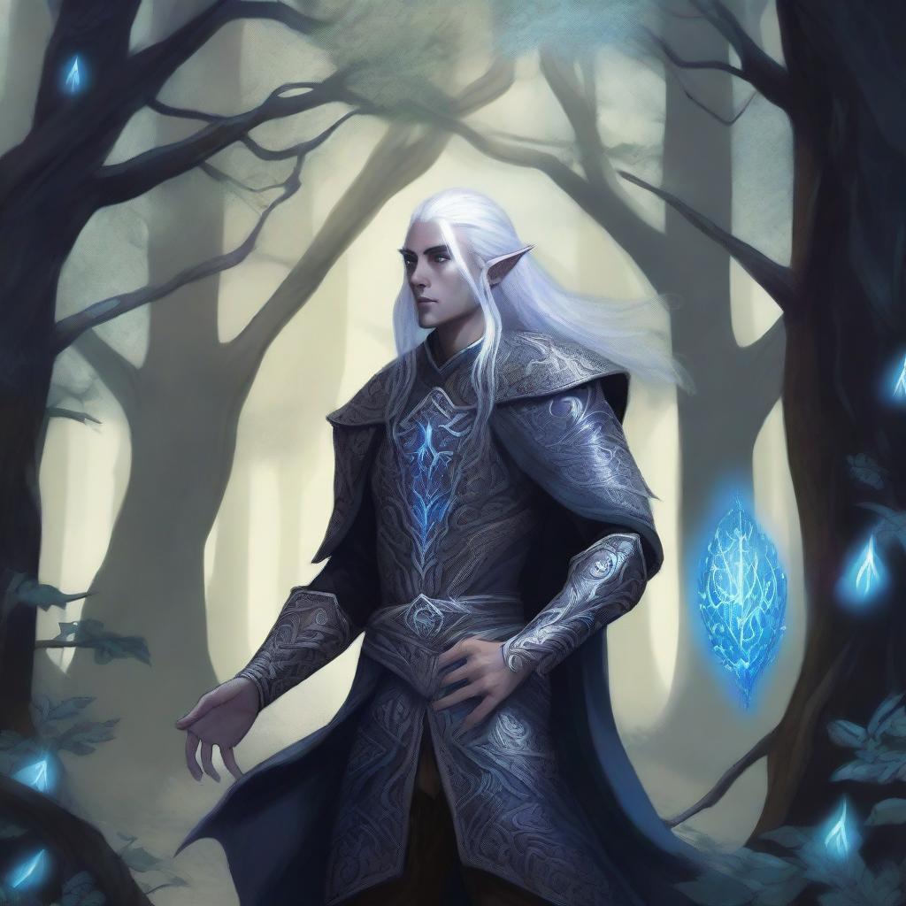 A detailed illustration of a dark elf standing in an enchanted forest