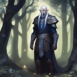 A detailed illustration of a dark elf standing in an enchanted forest