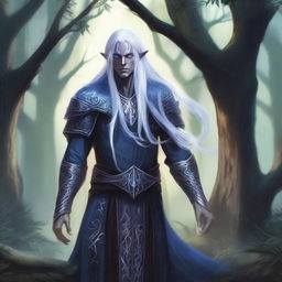 A detailed illustration of a dark elf standing in an enchanted forest