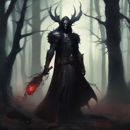 A detailed illustration of a very dark elf standing in a shadowy, mystical forest