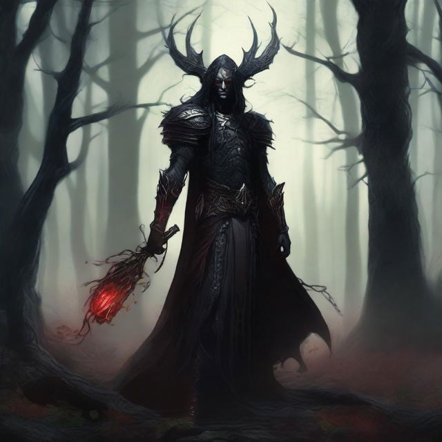 A detailed illustration of a very dark elf standing in a shadowy, mystical forest