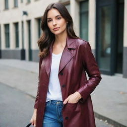 A trendy woman wearing a fashionable long, button-down coat style maroon leather jacket.