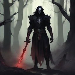 A detailed illustration of a very dark elf standing in a shadowy, mystical forest