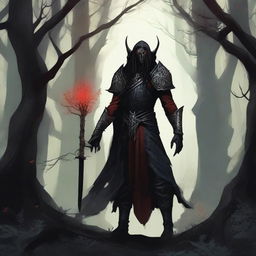 A detailed illustration of a very dark elf standing in a shadowy, mystical forest