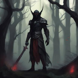 A detailed illustration of a very dark elf standing in a shadowy, mystical forest