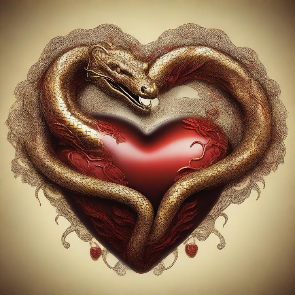 A golden serpent coiled around a human heart