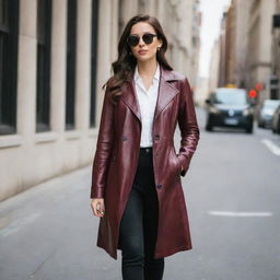 A trendy woman wearing a fashionable long, button-down coat style maroon leather jacket.