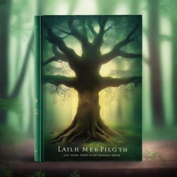 Create a captivating book cover featuring a mystical forest with an ancient, glowing tree at its center