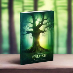 Create a captivating book cover featuring a mystical forest with an ancient, glowing tree at its center