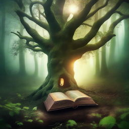 Create a captivating book cover featuring a mystical forest with an ancient, glowing tree at its center