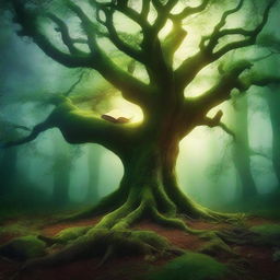 Create a captivating book cover featuring a mystical forest with an ancient, glowing tree at its center