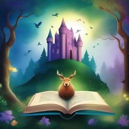 Create an imaginative and captivating book cover featuring a magical forest with enchanted creatures and a mysterious castle in the background