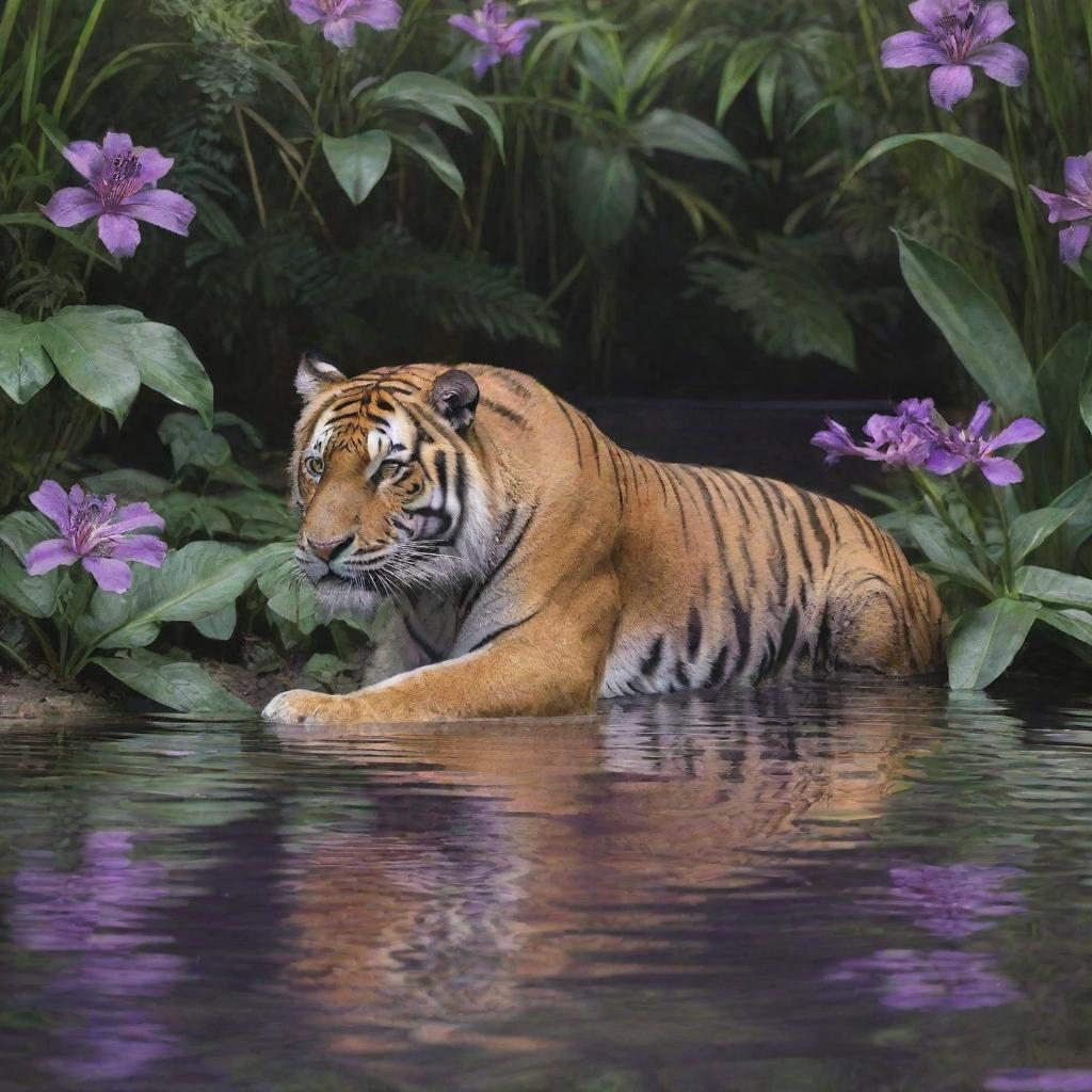 Illustrate a scene featuring a vain tiger in the heart of a jungle. Violet flowers enhancing the richness of its stripes and he is admiring his reflection in a shimmering jungle pool.