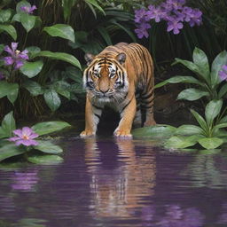 Illustrate a scene featuring a vain tiger in the heart of a jungle. Violet flowers enhancing the richness of its stripes and he is admiring his reflection in a shimmering jungle pool.