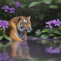 Illustrate a scene featuring a vain tiger in the heart of a jungle. Violet flowers enhancing the richness of its stripes and he is admiring his reflection in a shimmering jungle pool.