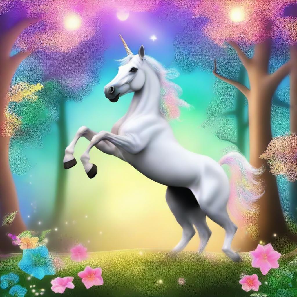 Generate an image of a whimsical scene where a horse is riding a unicorn