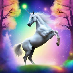 Generate an image of a whimsical scene where a horse is riding a unicorn