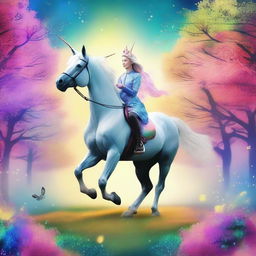 Generate an image of a whimsical scene where a horse is riding a unicorn