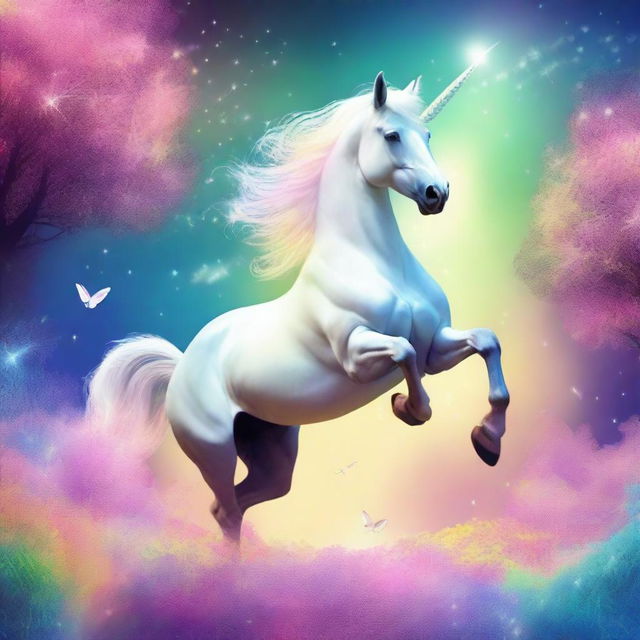 Generate an image of a whimsical scene where a horse is riding a unicorn