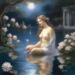 A beautiful depiction of the Greek goddess Aphrodite emerging gracefully from a shimmering silver pond