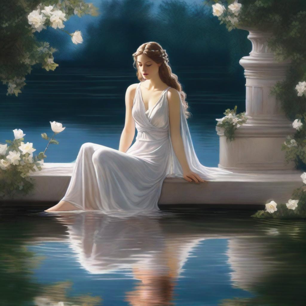 A beautiful depiction of the Greek goddess Aphrodite emerging gracefully from a shimmering silver pond