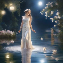 A beautiful depiction of the Greek goddess Aphrodite emerging gracefully from a shimmering silver pond