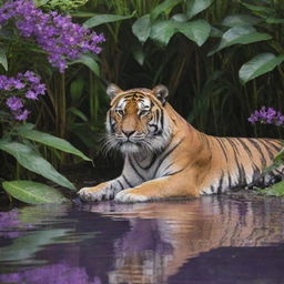 Illustrate a scene featuring a vain tiger in the heart of a jungle. Violet flowers enhancing the richness of its stripes and he is admiring his reflection in a shimmering jungle pool.