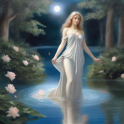 A beautiful depiction of the Greek goddess Aphrodite emerging gracefully from a shimmering silver pond