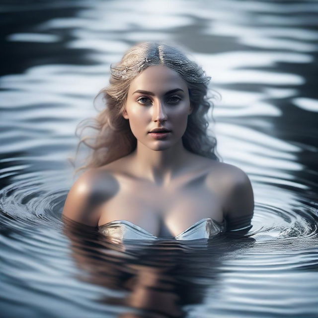 A high angle, realistic, cinematic shot showing the Greek goddess Aphrodite looking upwards into the camera as she emerges from a shimmering pond of liquid silver