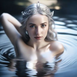 A high angle, realistic, cinematic shot showing the Greek goddess Aphrodite looking upwards into the camera as she emerges from a shimmering pond of liquid silver