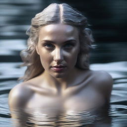 A high angle, realistic, cinematic shot showing the Greek goddess Aphrodite looking upwards into the camera as she emerges from a shimmering pond of liquid silver