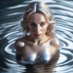 A high angle, realistic, cinematic shot showing the Greek goddess Aphrodite looking upwards into the camera as she emerges from a shimmering pond of liquid silver