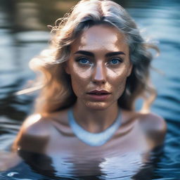 High angle, realistic, cinematic shot showing the Greek goddess Aphrodite looking upwards into the camera as she emerges from a shimmering pond of liquid silver