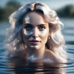 High angle, realistic, cinematic shot showing the Greek goddess Aphrodite looking upwards into the camera as she emerges from a shimmering pond of liquid silver