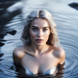 High angle, realistic, cinematic shot showing the Greek goddess Aphrodite looking upwards into the camera as she emerges from a shimmering pond of liquid silver