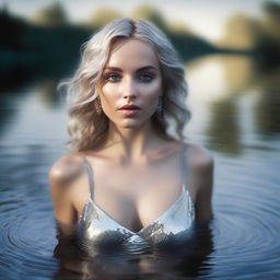 High angle, realistic, cinematic shot showing the Greek goddess Aphrodite looking upwards into the camera as she emerges from a shimmering pond of liquid silver