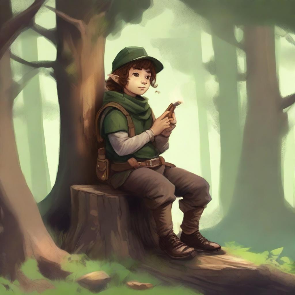 A halfling ranger sitting on a tree stump, smoking a pipe